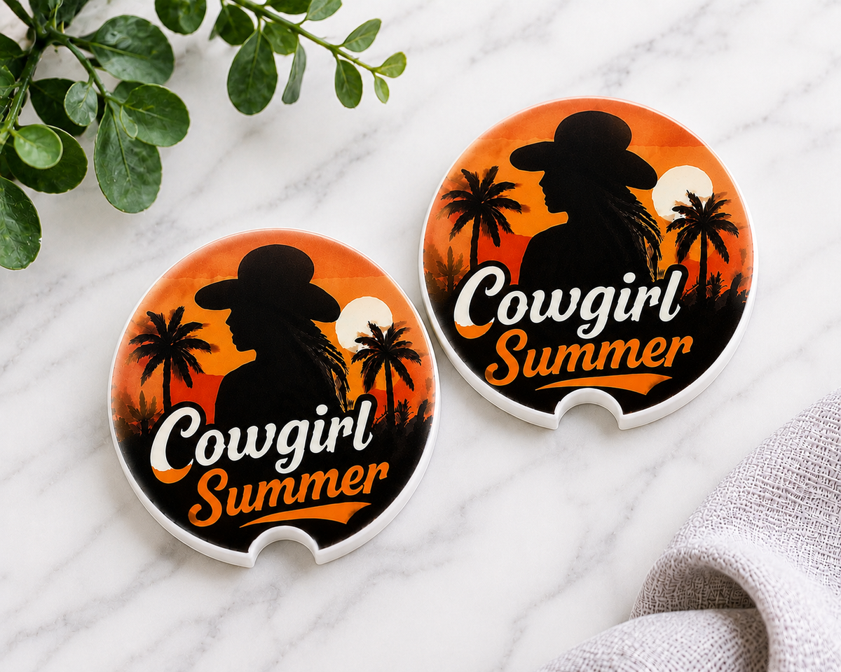 Cowgirl Summer Car Coaster Set — set of 2 ceramic coasters with cowgirl silhouette, palm trees, and sunset in orange and black, on marble surface
