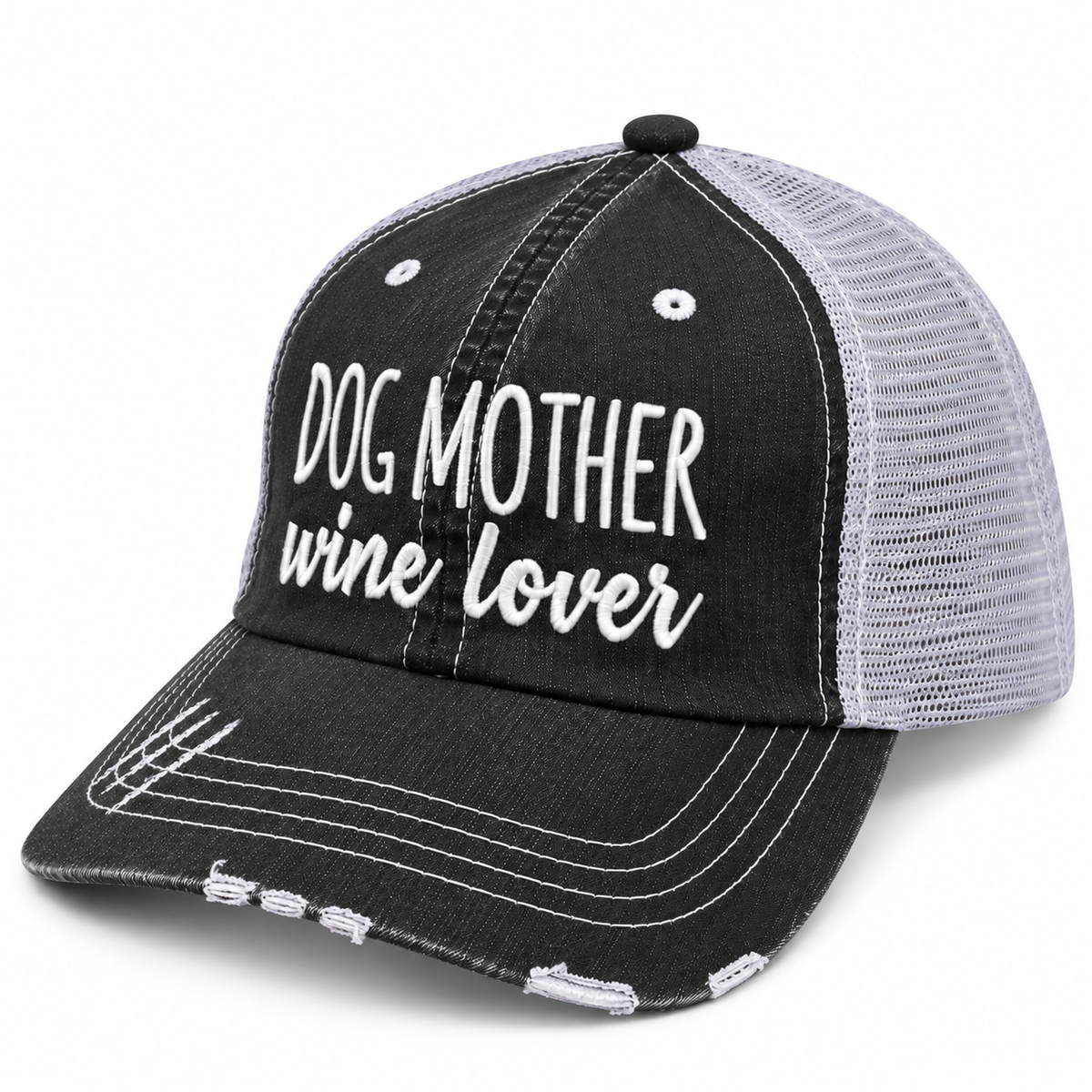 Dog Mother Wine Lover Trucker Hat three-quarter angle view showing distressed black front, gray mesh back, and white embroidered Dog Mother Wine Lover lettering on white background
