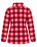 Back view of the pink and burgundy plaid sherpa pullover showing the buffalo-style plaid, stand collar, long sleeves, and burgundy cuff trim
