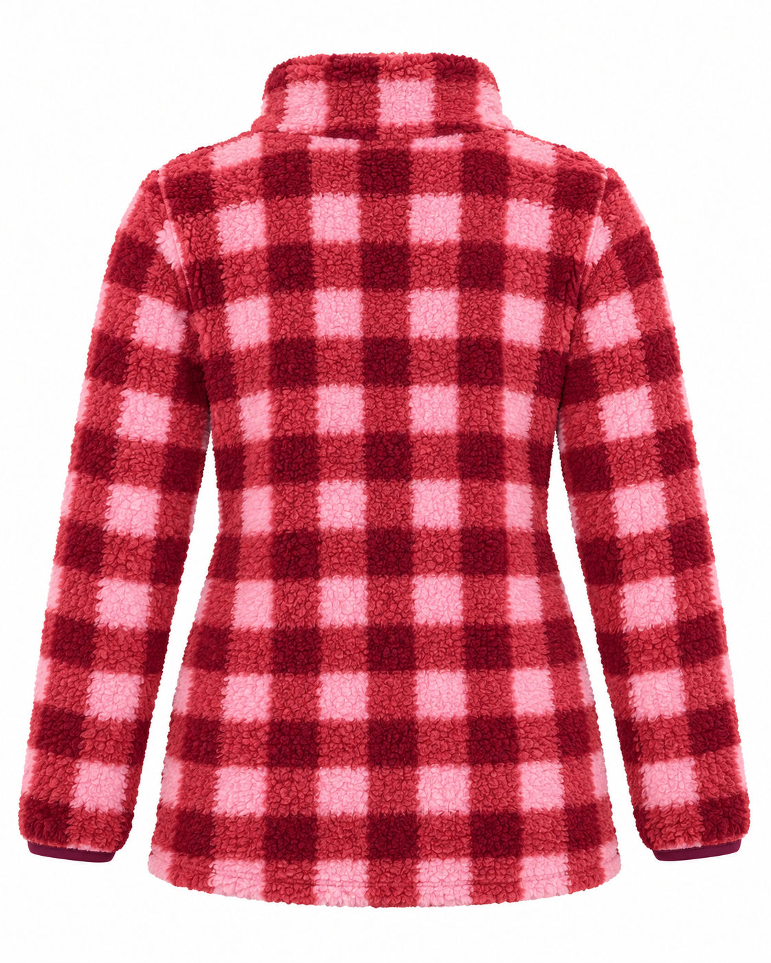 Back view of the pink and burgundy plaid sherpa pullover showing the buffalo-style plaid, stand collar, long sleeves, and burgundy cuff trim
