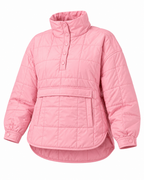 Pink Quilted Puffer Pullover Jacket three-quarter angle view showing bubblegum pink large-grid quilted puffer construction, tall stand-up collar, five pink snap buttons on quarter placket, front kangaroo zipper pocket, curved high-low hem, and gathered pink snap-button cuffs on white background
