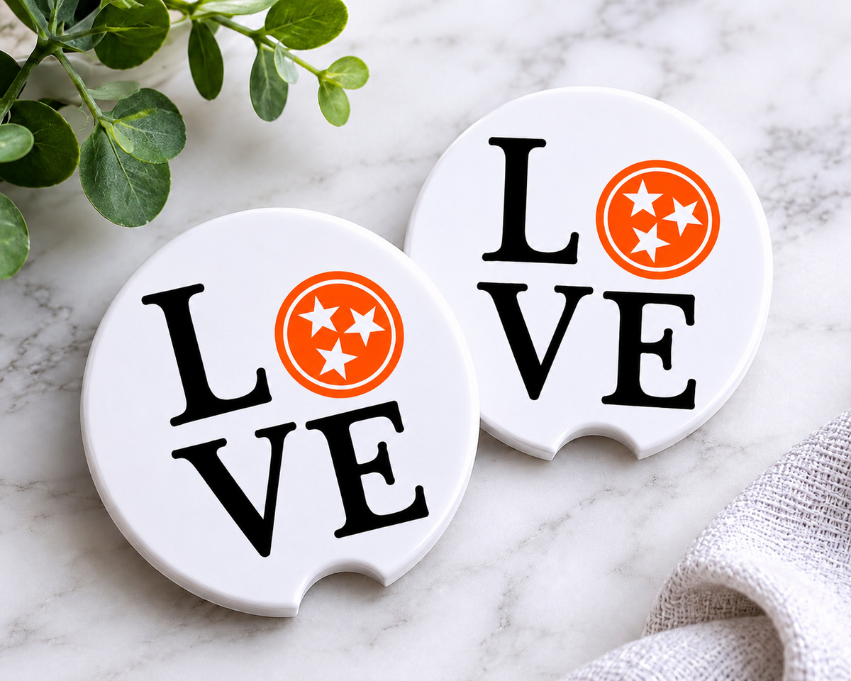 Love Tennessee Car Coaster Set — ceramic coasters with Tri-Star design, set of 2
