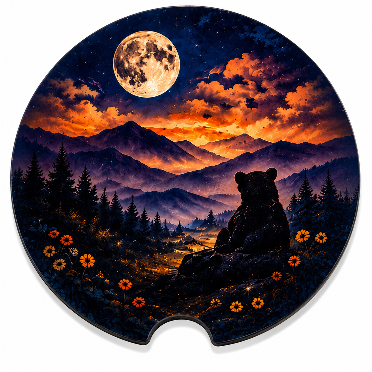 Close-up of Bear Under the Full Moon ceramic car coaster with bear silhouette gazing at full moon over mountain landscape on white background
