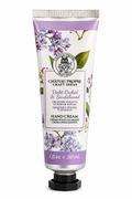 Château Propre Craft Ideas Violet Orchid & Sandalwood Hand Cream in a 30 ml squeeze tube with a black cap, featuring purple orchid and wisteria floral illustrations on a white background.