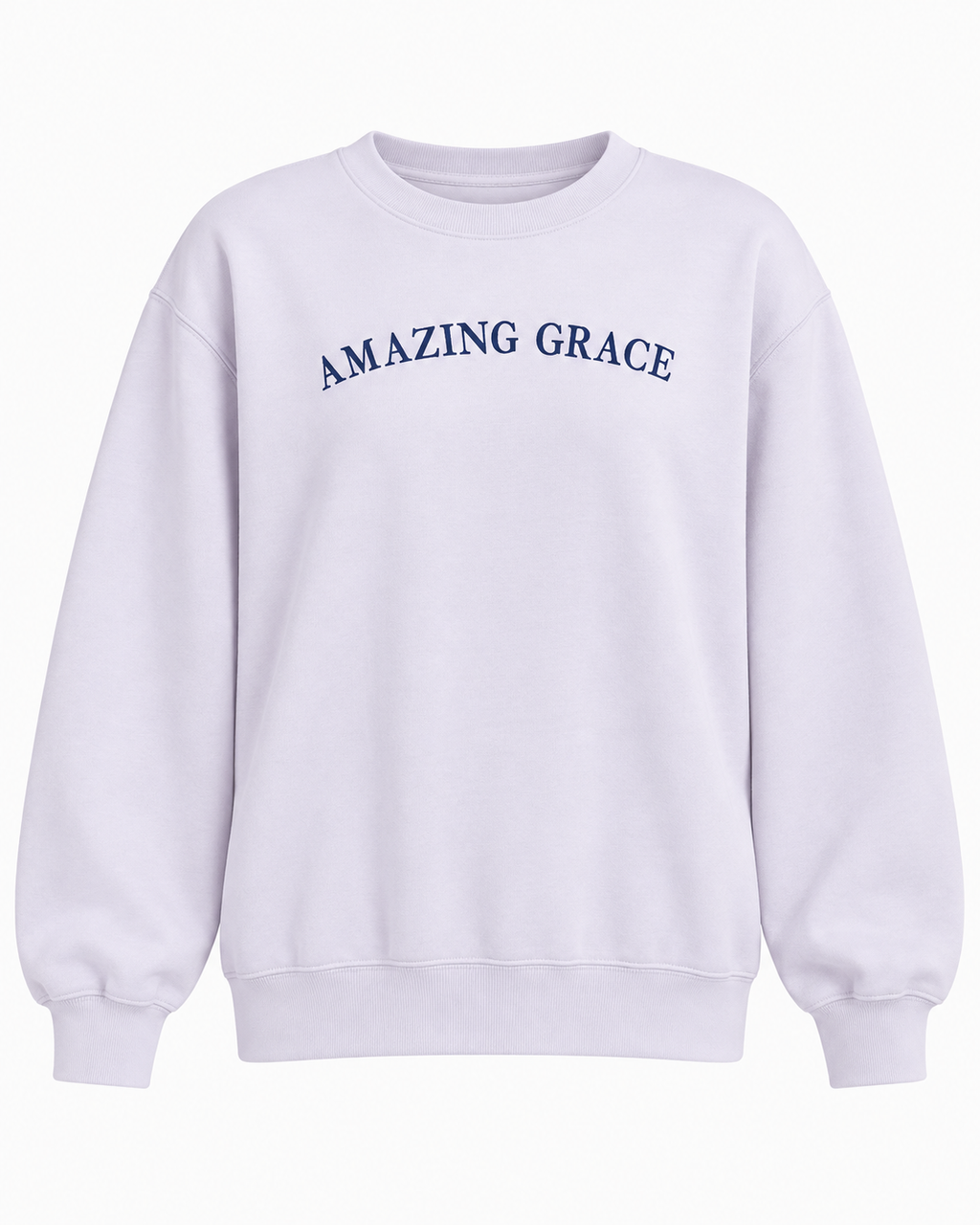 Front view of the light lavender Amazing Grace sweatshirt with navy chest lettering and ribbed cuffs and hem
