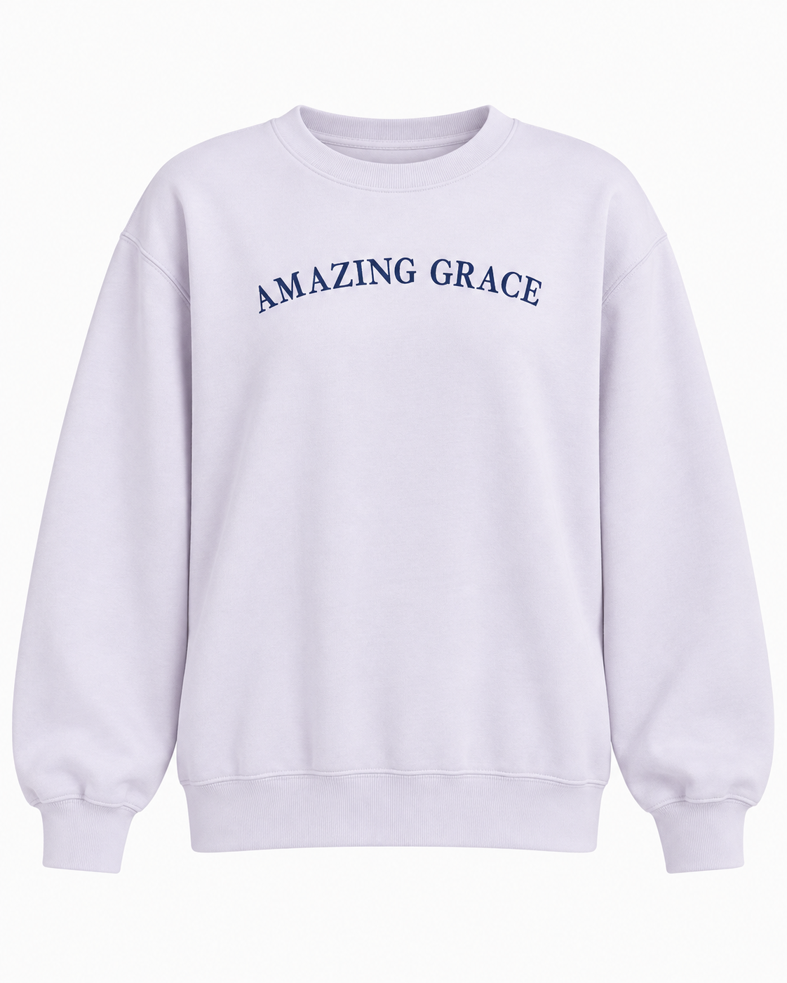 Front view of the light lavender Amazing Grace sweatshirt with navy chest lettering and ribbed cuffs and hem
