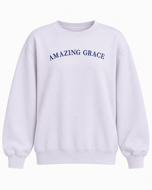 Front view of the light lavender Amazing Grace sweatshirt with navy chest lettering and ribbed cuffs and hem
