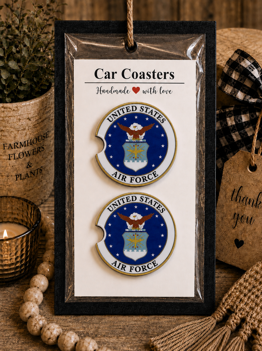 United States Air Force Car Coaster Set in handmade packaging — gift-ready ceramic coasters with official USAF eagle and shield seal on navy blue, set of 2
