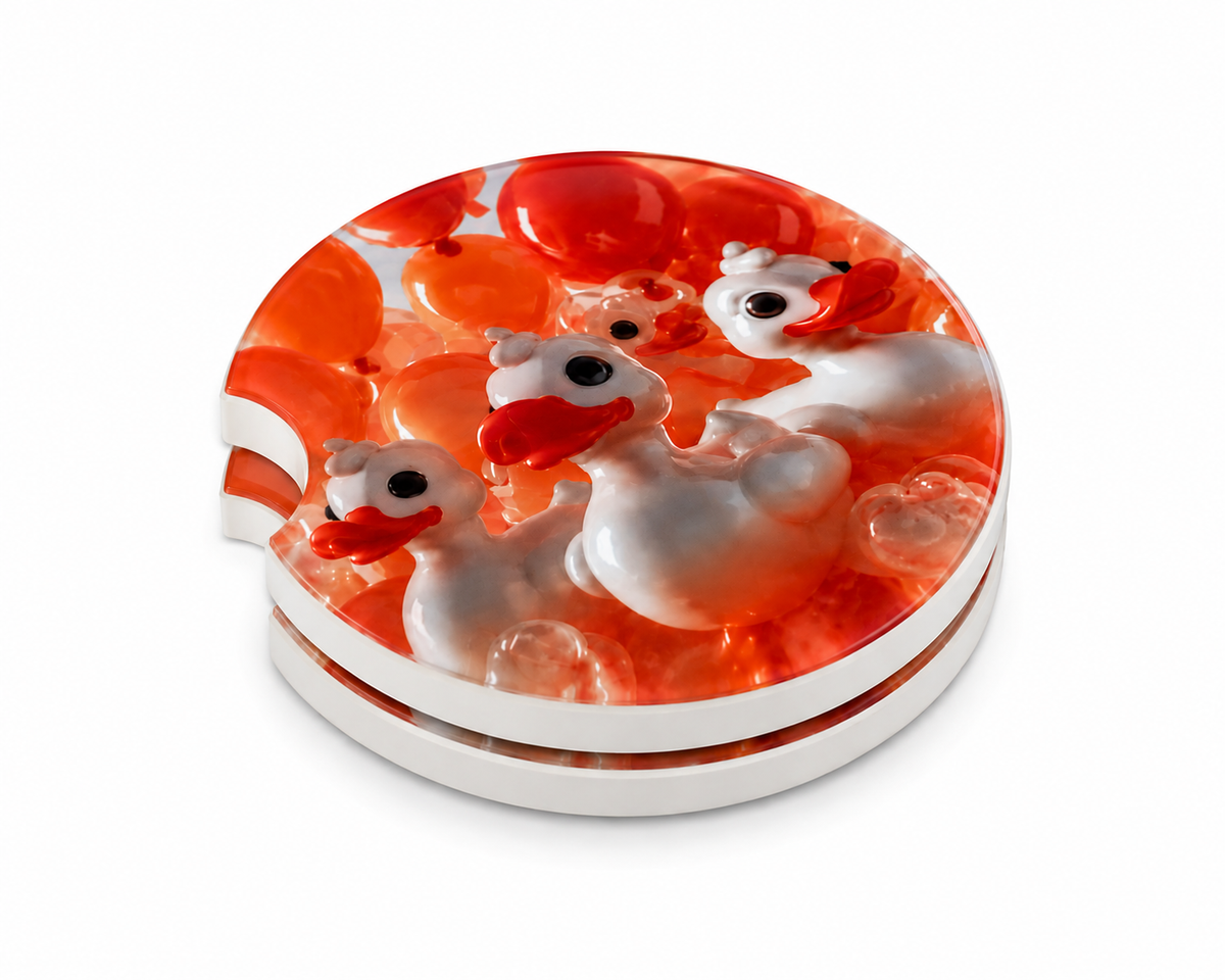 Resin Duck Art car coasters stacked showing thickness and finger notch cutout, 3D white rubber ducks and red beads in glossy orange resin, set of 2
