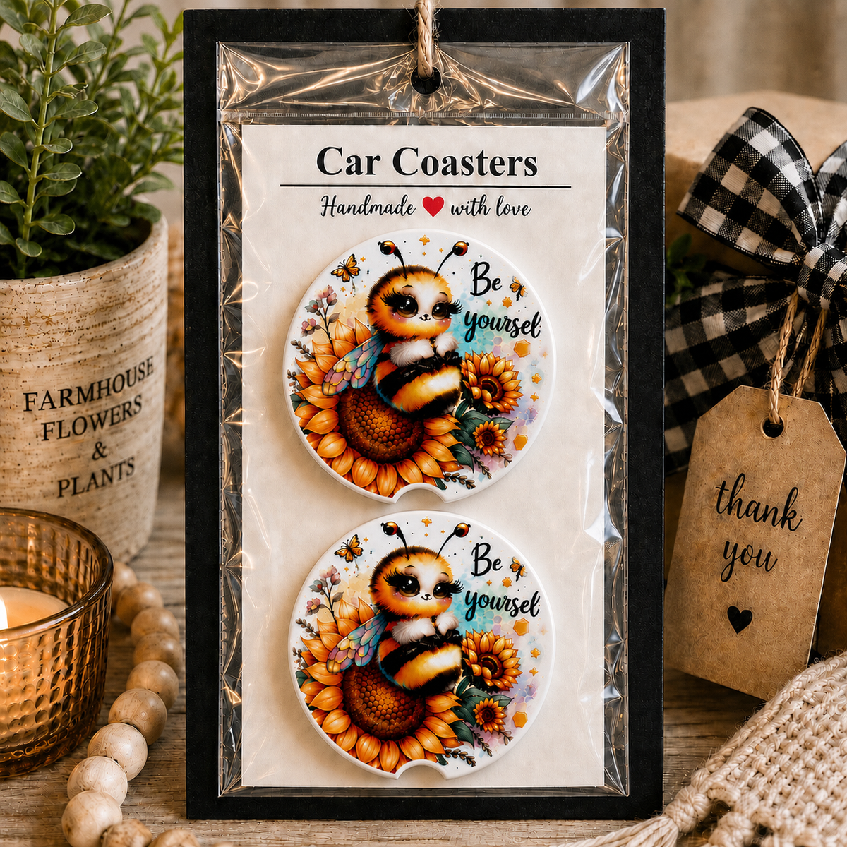 Be Yourself Car Coaster Set in handmade packaging — gift-ready ceramic coasters with bee and sunflower design, set of 2
