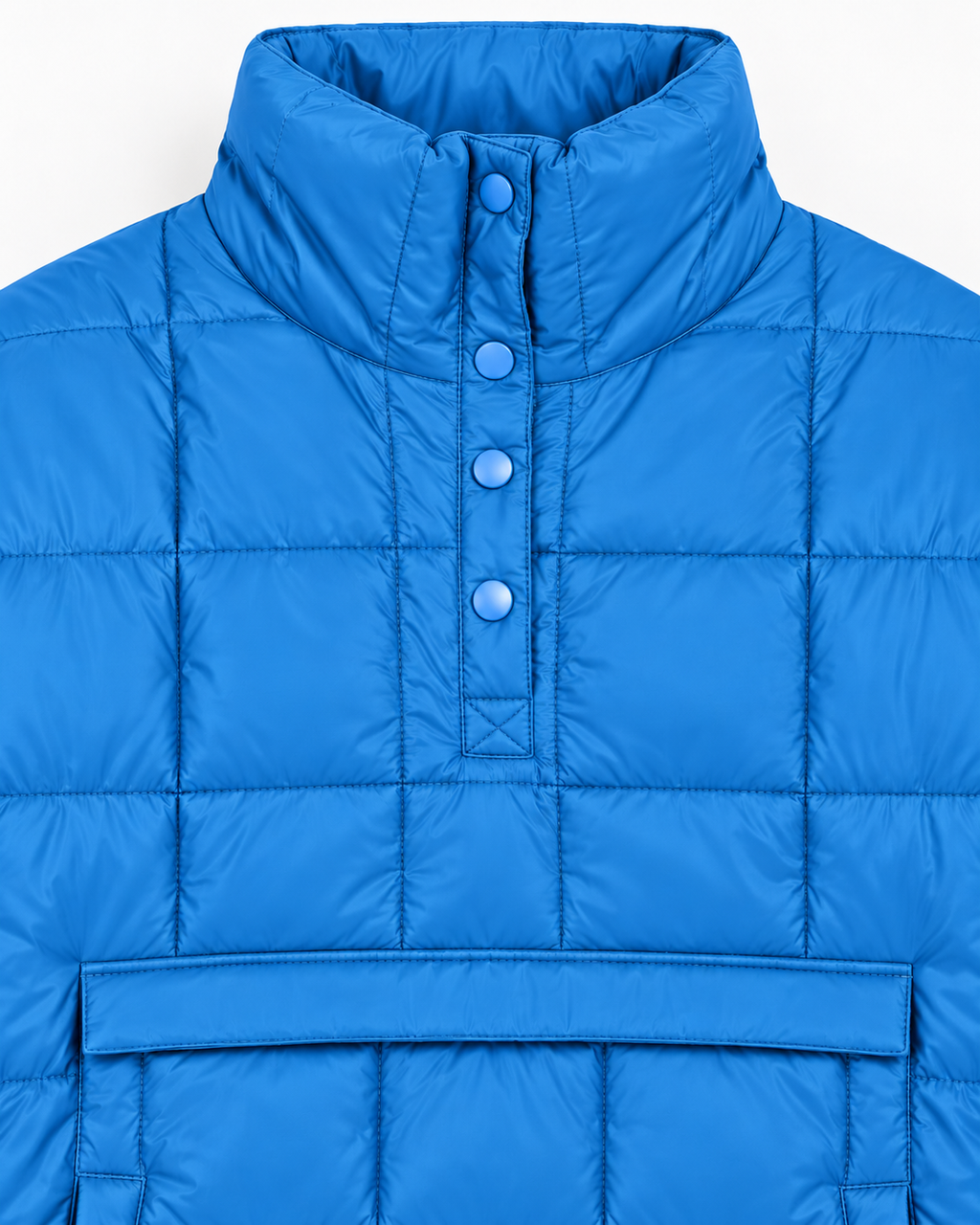 Close-up of blue quilted puffer pullover jacket neckline showing four blue snap buttons on the quarter placket and top of kangaroo pocket
