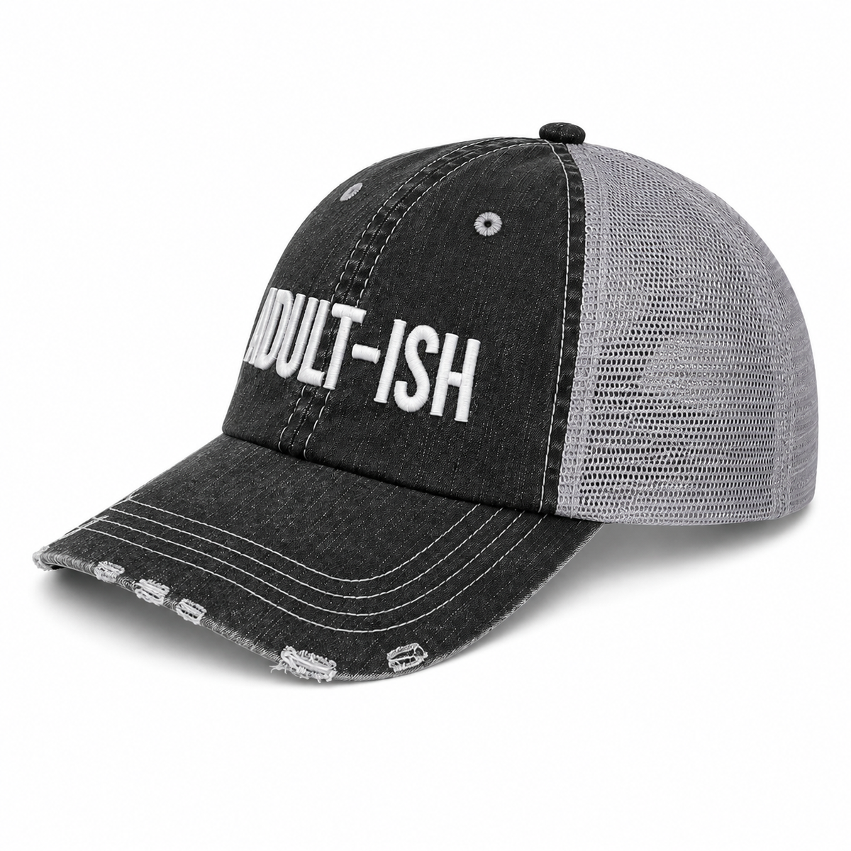 Side view of Adult-ish Trucker Hat showing distressed charcoal denim front, light gray mesh back, and white ADULT-ISH embroidery.