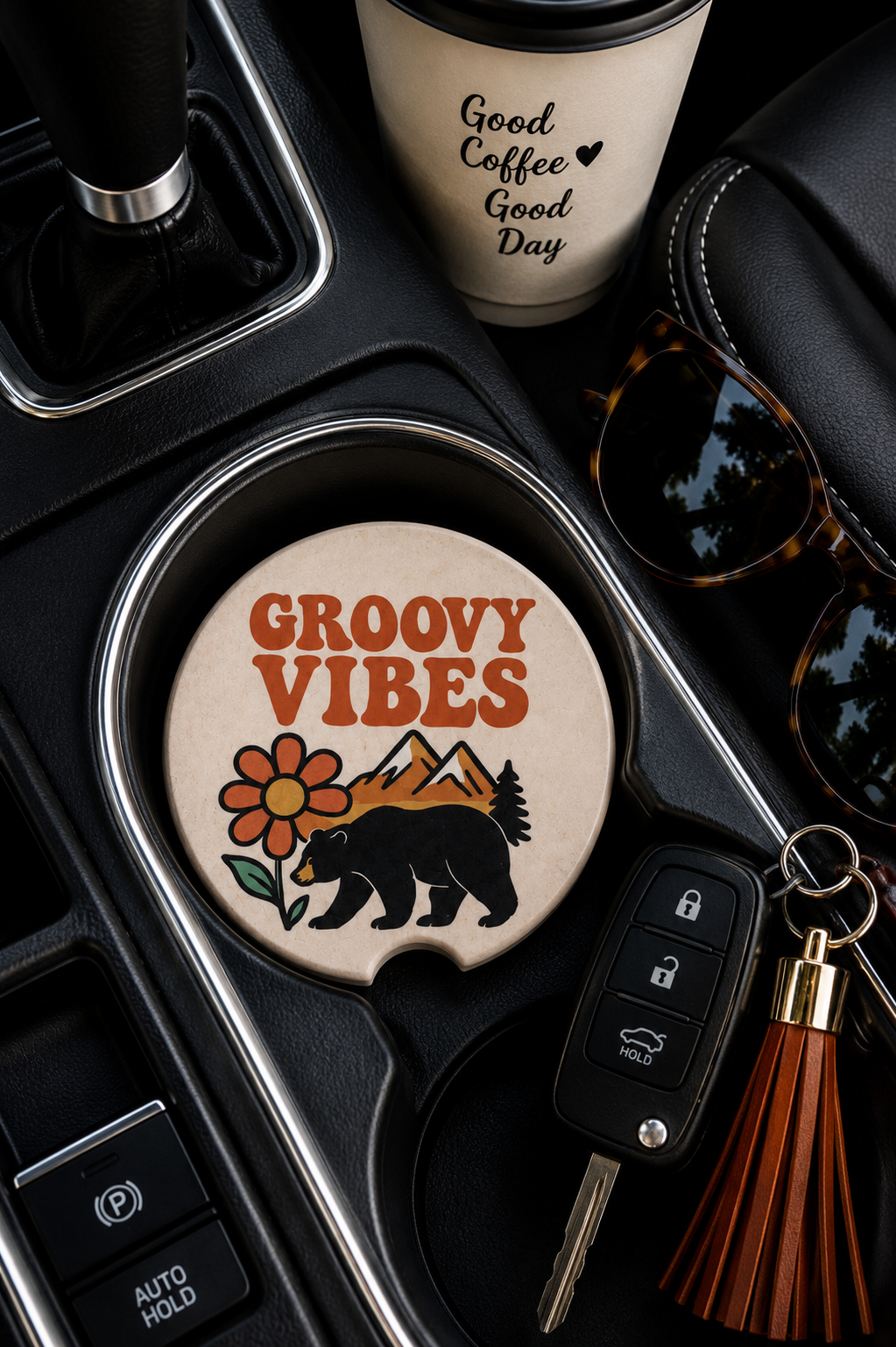 Groovy Vibes ceramic car coaster in vehicle cup holder
