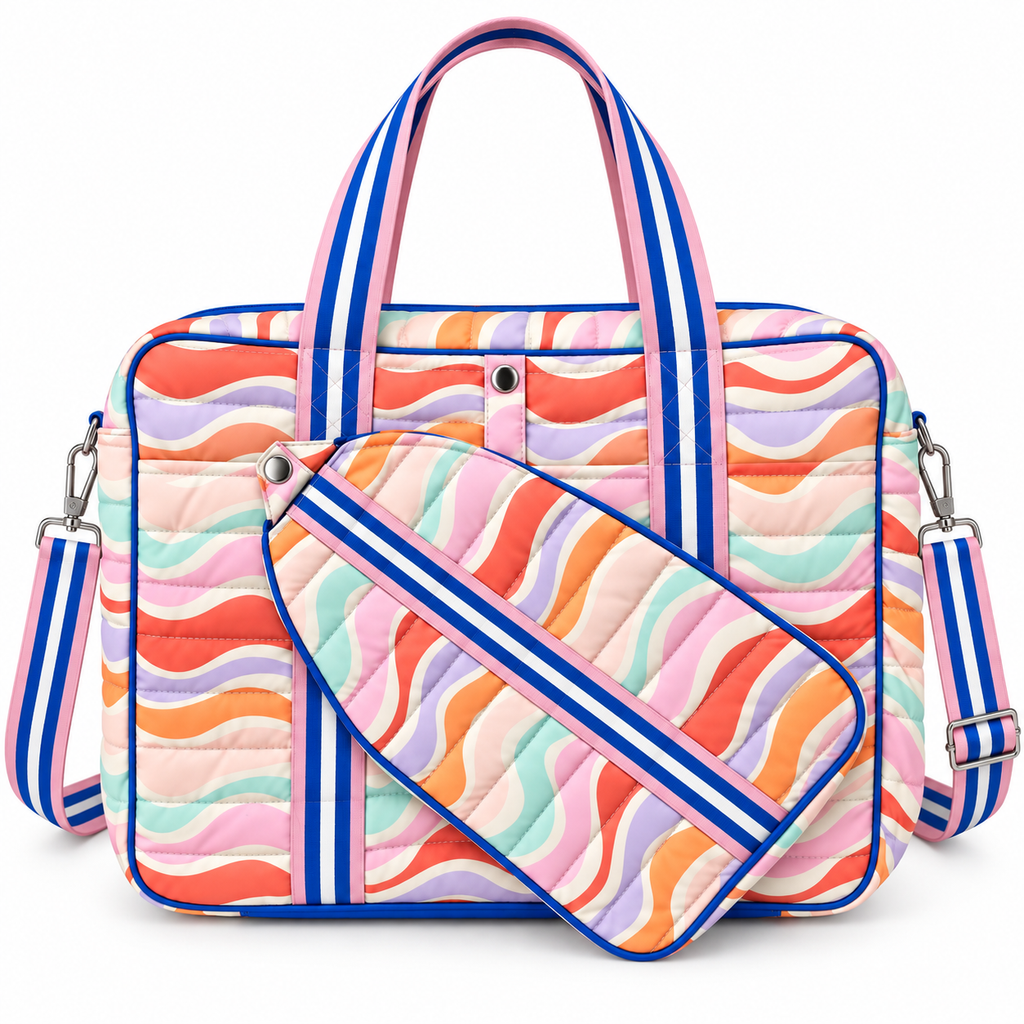 Retro Wave Pickleball Bag front view showing quilted polyester in multicolor retro wave print with coral, orange, lavender, mint, and pink waves, royal blue trim, pink and blue stripe carry handles, removable quilted matching paddle holder with blue stripe strap attached to front via silver snap, and adjustable blue stripe crossbody strap with silver hardware on white background
