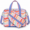 Retro Wave Pickleball Bag front view showing quilted polyester in multicolor retro wave print with coral, orange, lavender, mint, and pink waves, royal blue trim, pink and blue stripe carry handles, removable quilted matching paddle holder with blue stripe strap attached to front via silver snap, and adjustable blue stripe crossbody strap with silver hardware on white background
