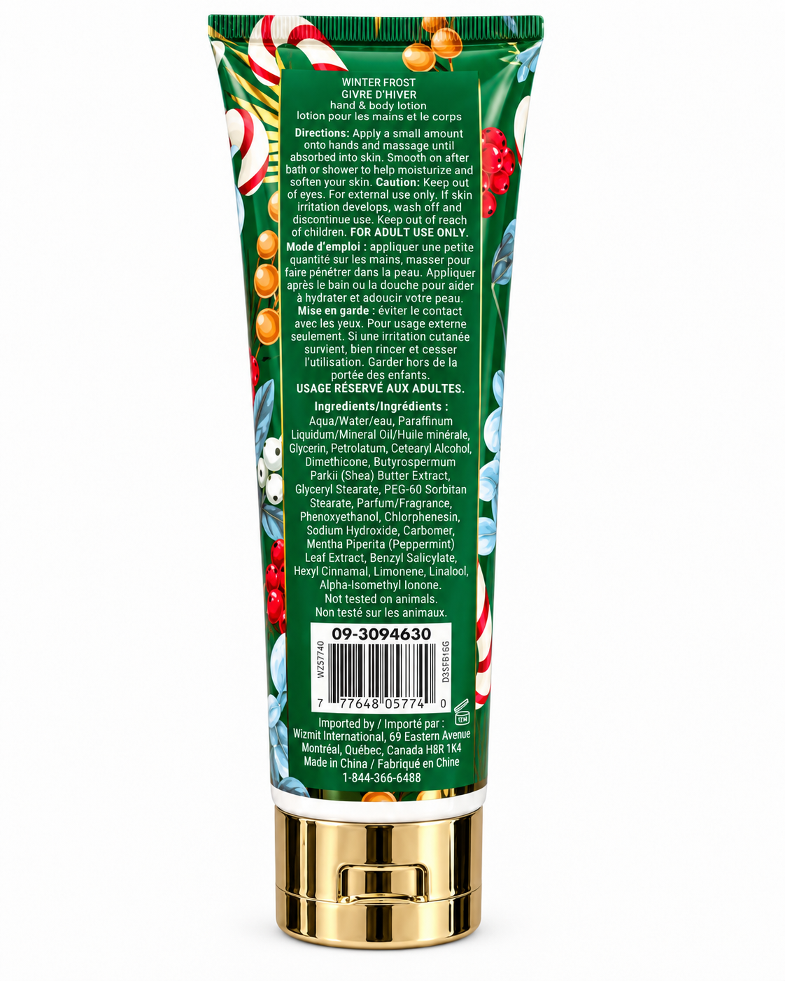 Back of the Winter Frost lotion tube showing directions, cautions, ingredients, barcode, and the not-tested-on-animals statement
