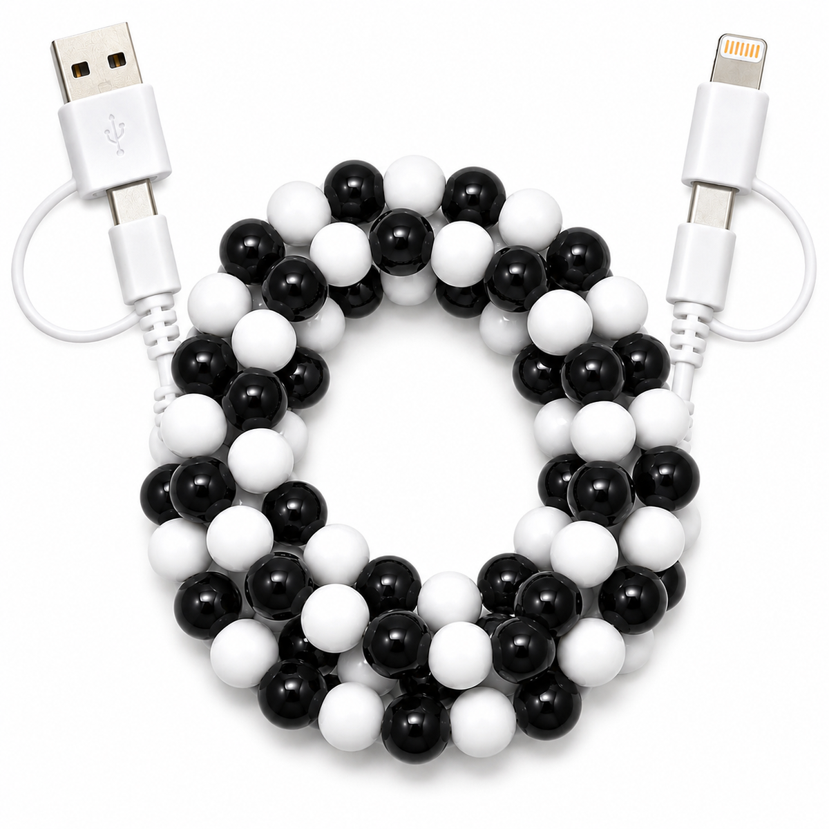 Black and white beaded multi charging cable with USB and phone charging connectors