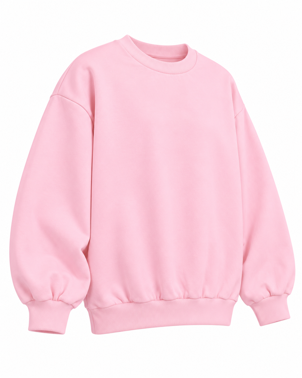 Angled front view of the plain pink sweatshirt showing its crew neckline, long sleeves, and ribbed trim
