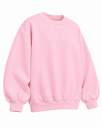 Angled front view of the plain pink sweatshirt showing its crew neckline, long sleeves, and ribbed trim
