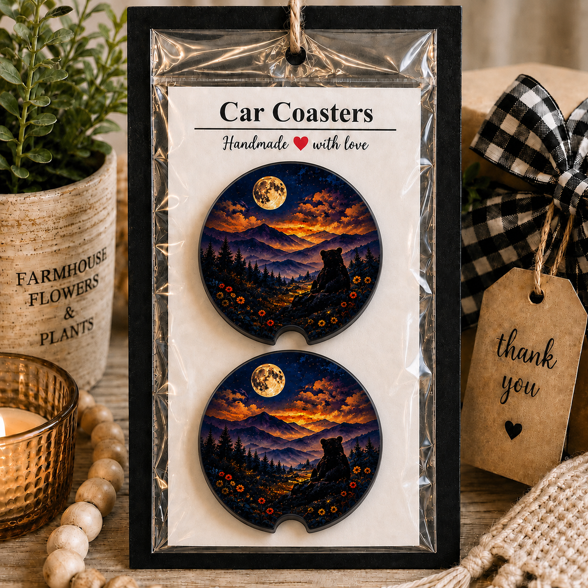 Bear Under the Full Moon Car Coaster Set in handmade packaging — gift-ready ceramic coasters with bear and mountain night sky design, set of 2
