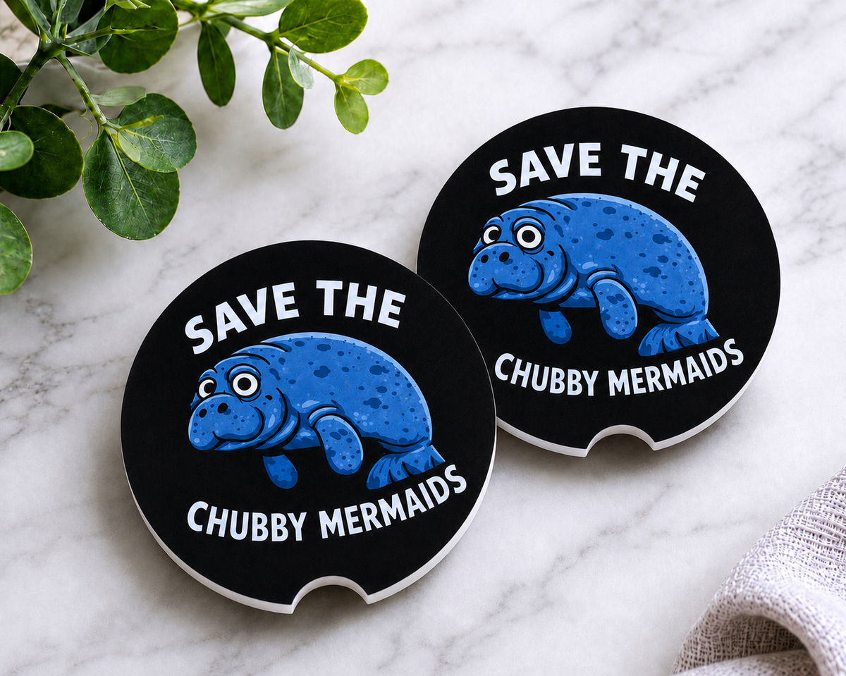 Save the Chubby Mermaids Car Coaster Set (Black) — set of 2 ceramic coasters with cartoon manatee and "Save the Chubby Mermaids" text on black background, on marble surface
