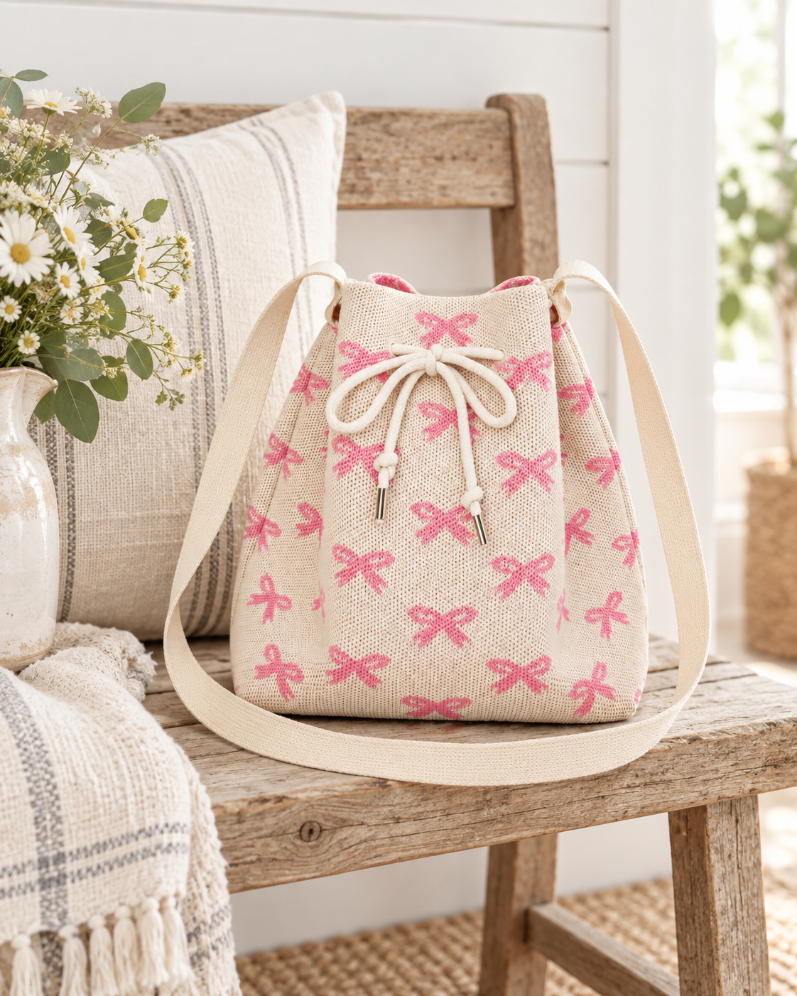 Coquette Bow Crossbody Bucket Bag on rustic wood bench showing cream woven knit with allover pink bow pattern and wide flat cream crossbody strap beside cream grain-sack stripe pillow, cream fringe throw, white daisy arrangement in cream vase, and wicker basket on white shiplap background
