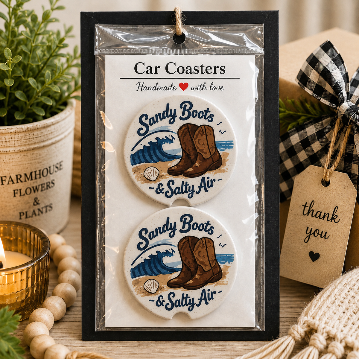 Sandy Boots & Salty Air Car Coaster Set in handmade packaging — gift-ready ceramic coasters with beach inspired design, set of 2