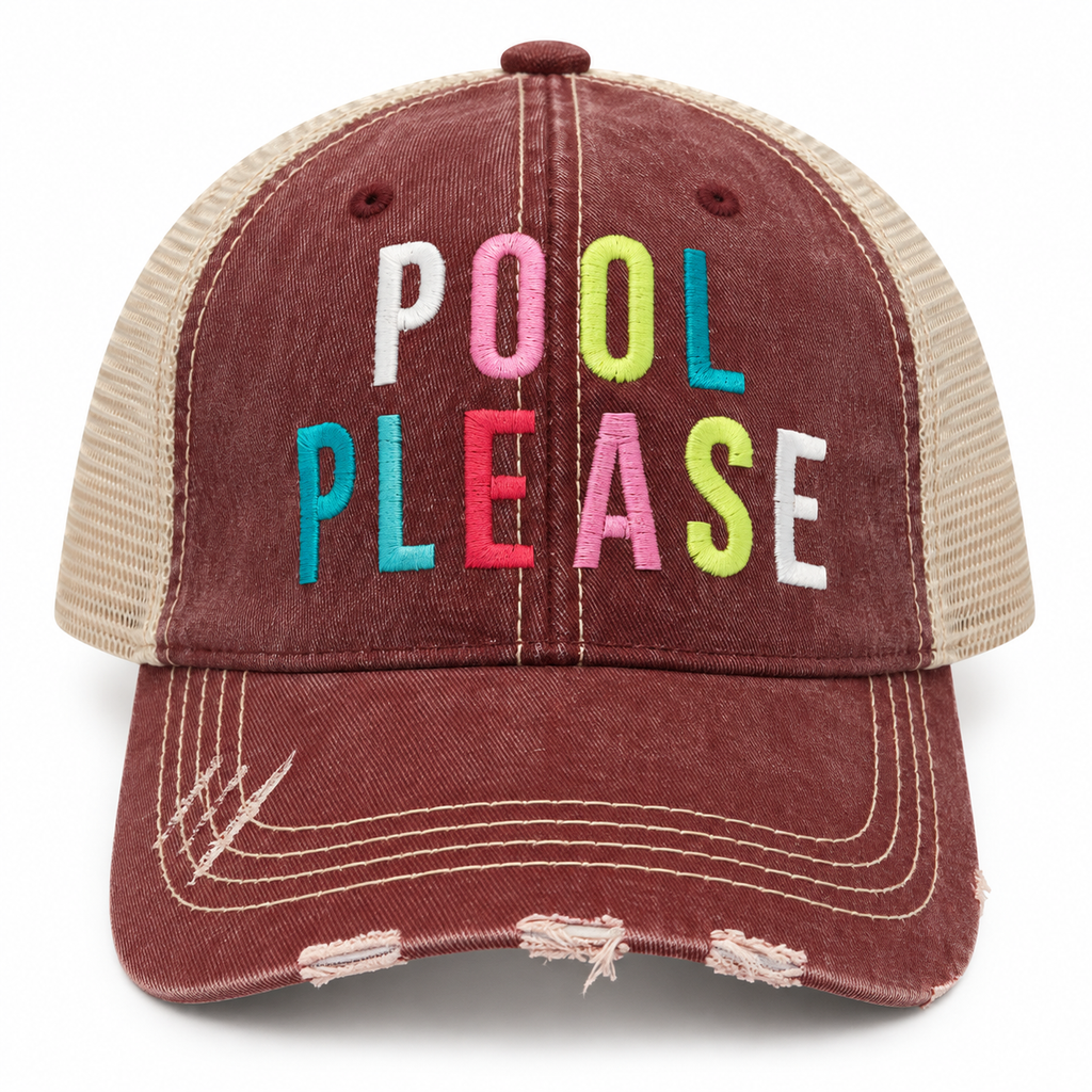 Pool Please Trucker Hat front view with distressed burgundy structured front, tan mesh back, and multicolor embroidered Pool Please lettering in white pink lime green teal and red on white background
