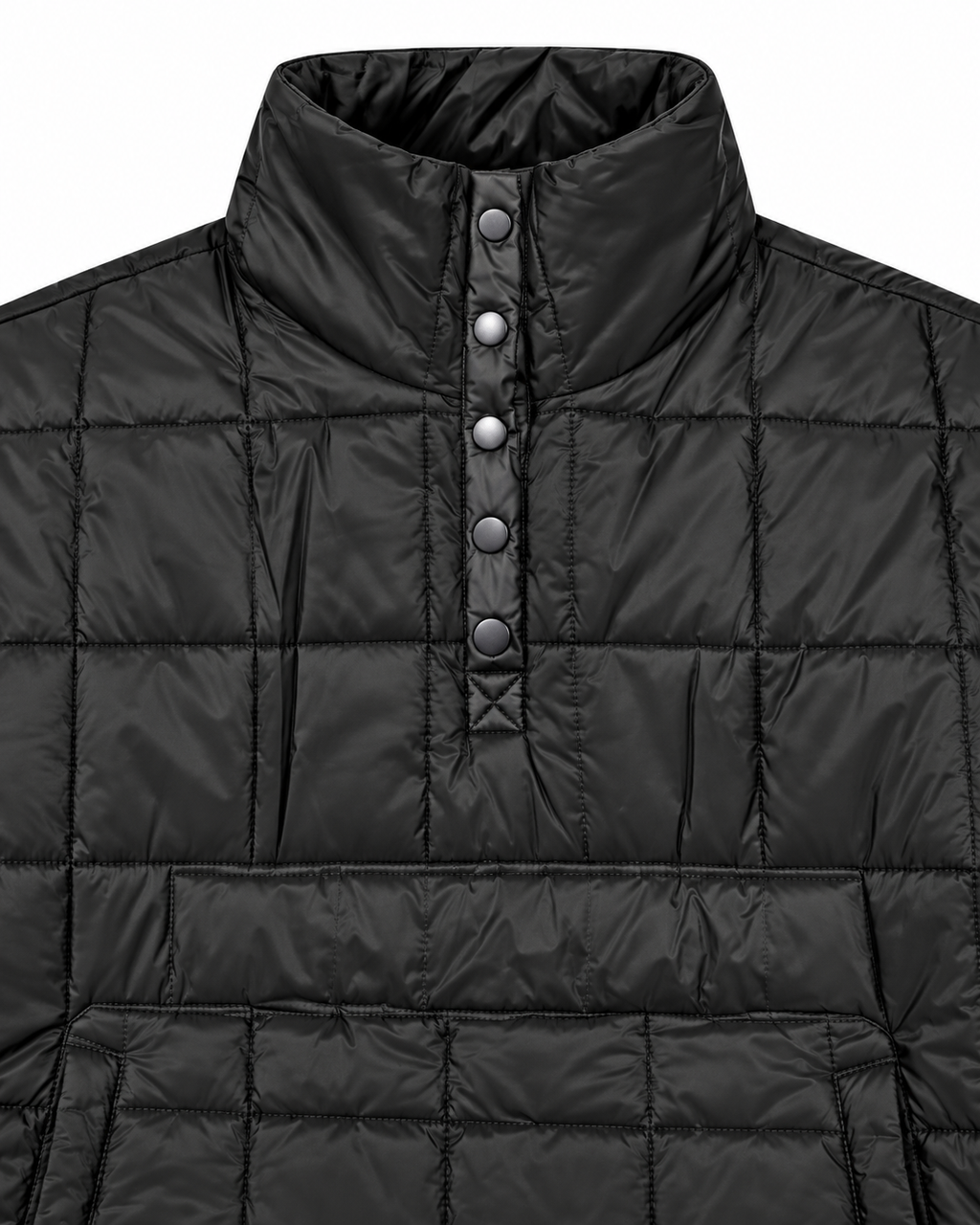 Close-up of Black Quilted Puffer Pullover Jacket showing tall stand-up collar and five gunmetal dome snap buttons on quarter placket over large-grid black quilted puffer fabric
