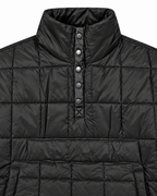 Close-up of Black Quilted Puffer Pullover Jacket showing tall stand-up collar and five gunmetal dome snap buttons on quarter placket over large-grid black quilted puffer fabric
