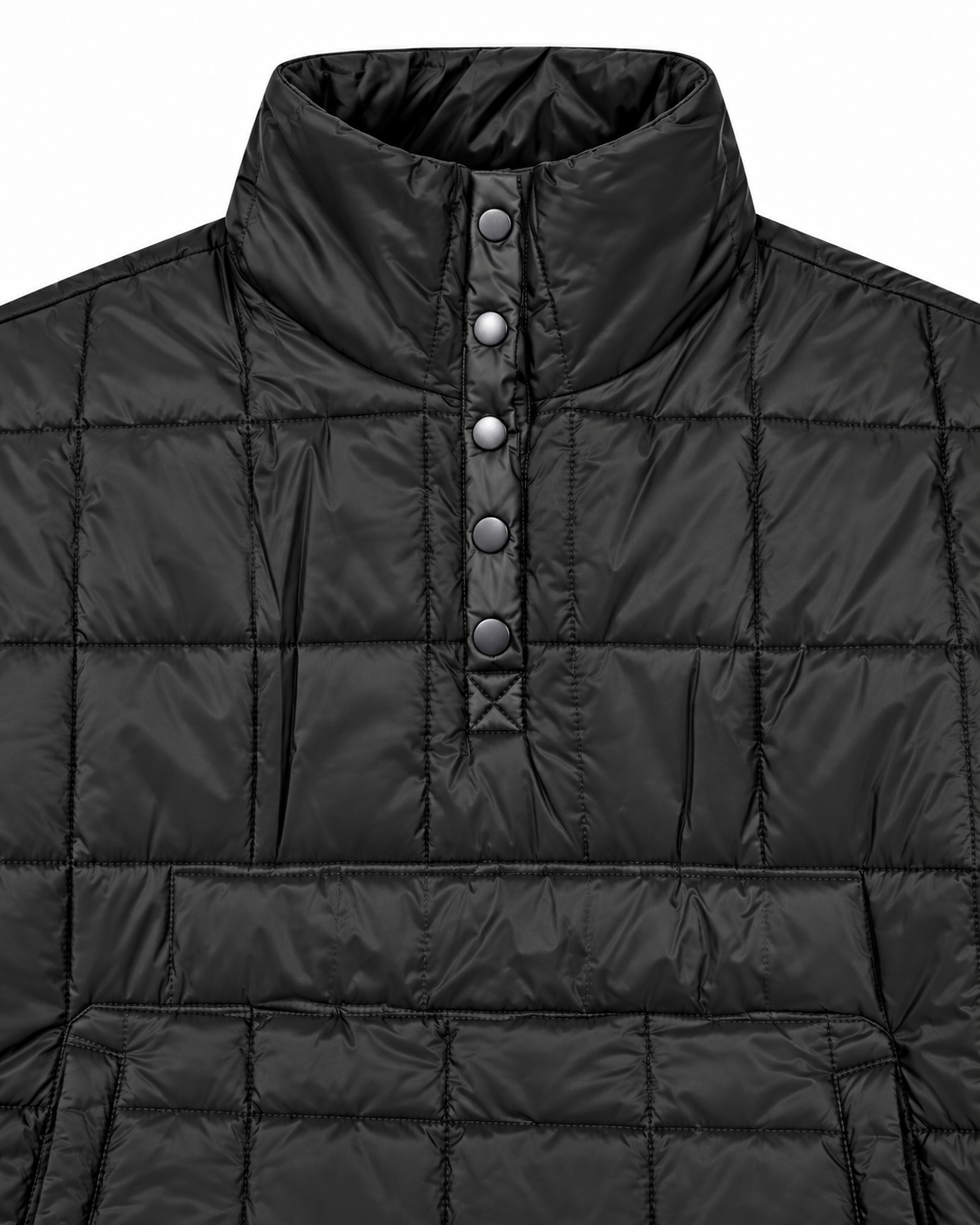 Close-up of Black Quilted Puffer Pullover Jacket showing tall stand-up collar and five gunmetal dome snap buttons on quarter placket over large-grid black quilted puffer fabric
