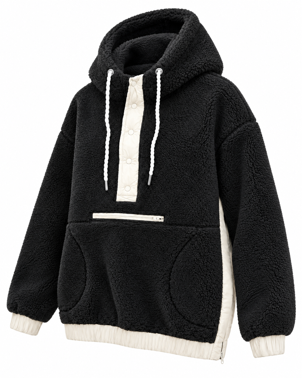 Angled view of the black sherpa hoodie showing the hood, snap neckline, front pockets, and contrasting ivory side panel
