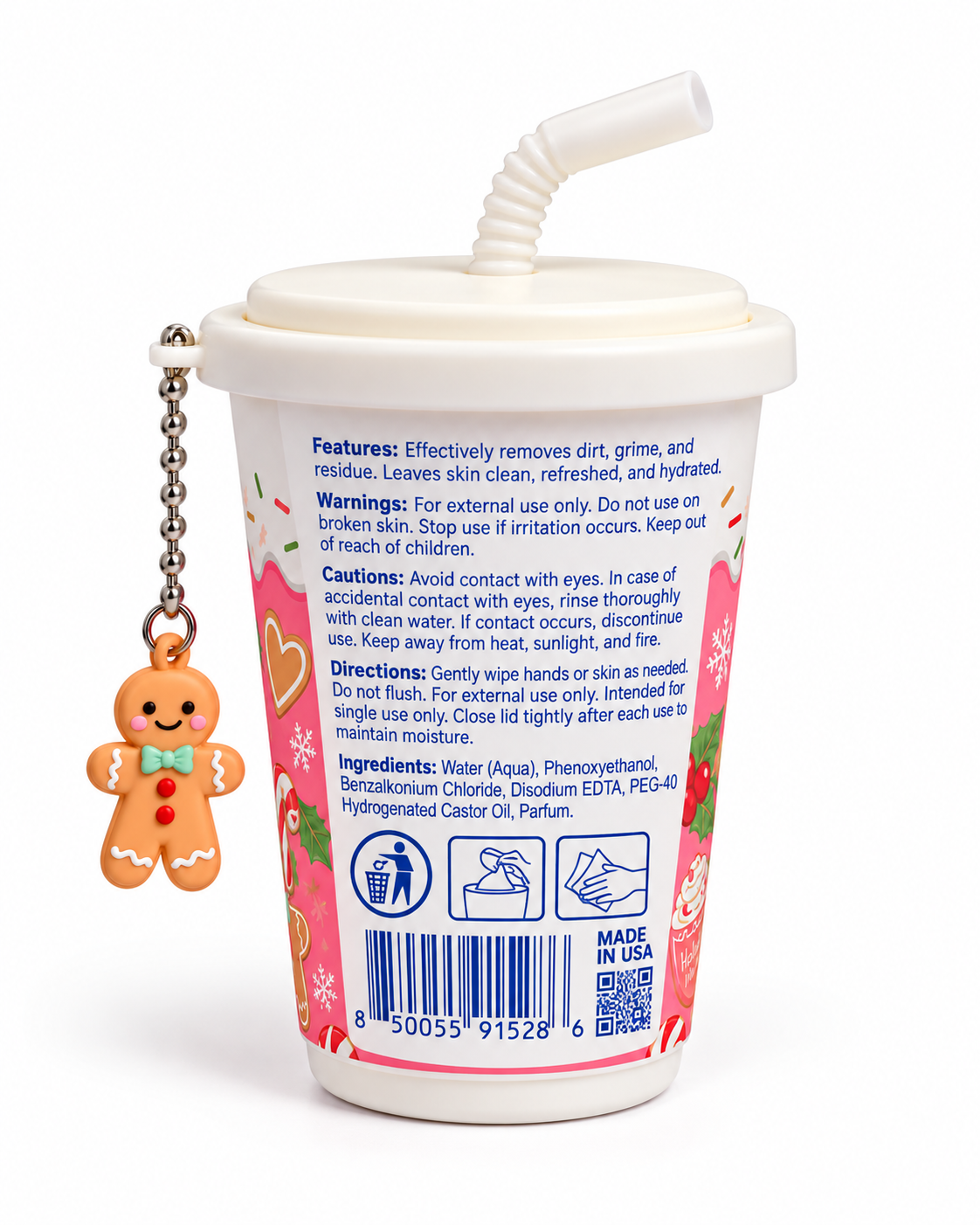 Back of the Gingerbread mini wipes cup showing directions, warnings, cautions, ingredients, barcode, and disposal illustrations
