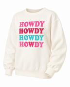 Angled front view of the cream HOWDY crewneck sweatshirt showing its long sleeves and ribbed cuffs and hem
