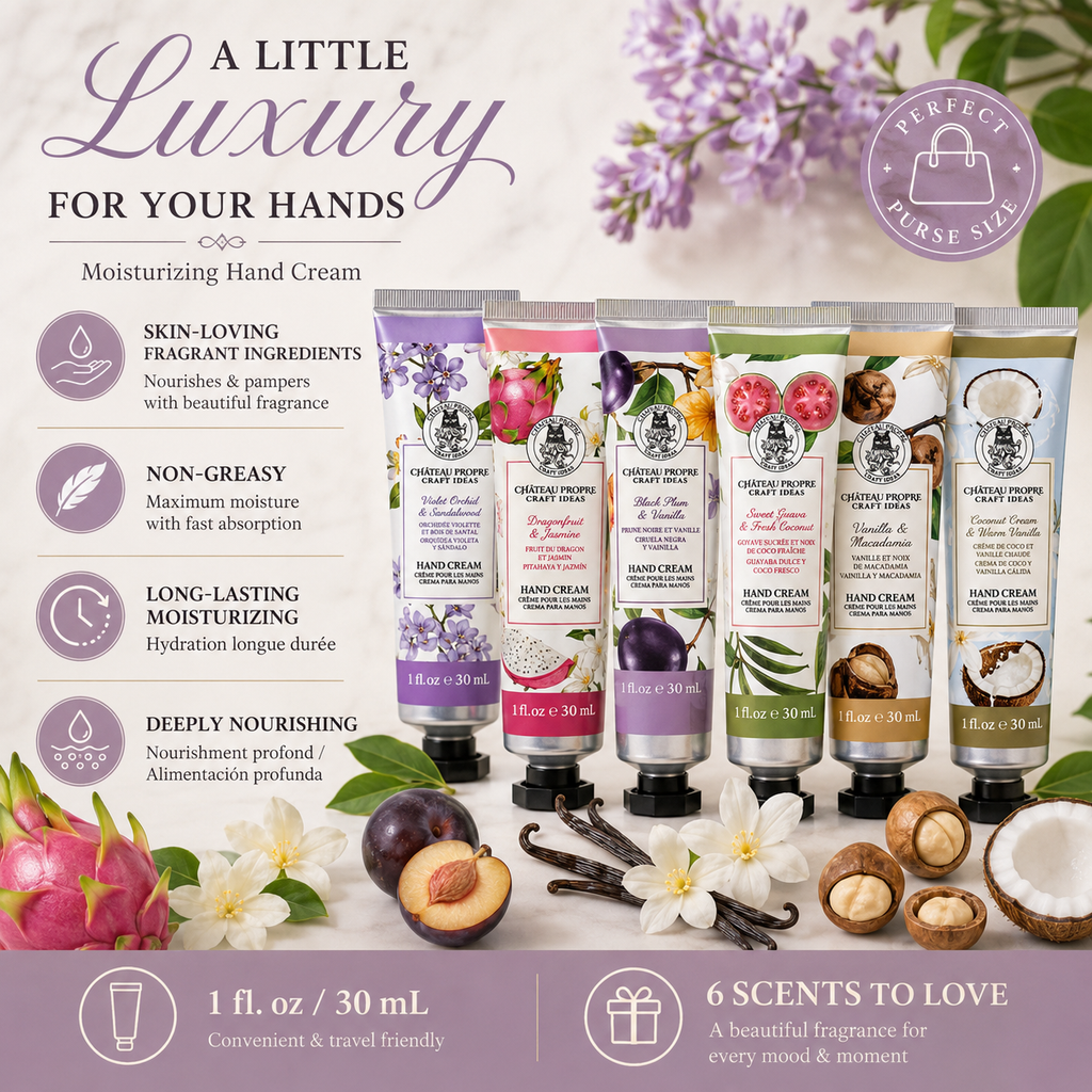 Six tubes of Château Propre Craft Ideas moisturizing hand cream displayed with fruit and flowers, featuring scents including Violet Orchid & Sandalwood, Black Plum & Vanilla, Dragonfruit & Jasmine, and Coconut Cream & Warm Vanilla.
