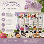 Six tubes of Château Propre Craft Ideas moisturizing hand cream displayed with fruit and flowers, featuring scents including Violet Orchid & Sandalwood, Black Plum & Vanilla, Dragonfruit & Jasmine, and Coconut Cream & Warm Vanilla.
