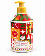 Front view of Sicilian Grapefruit holiday hand soap with a gold-colored pump, colorful Christmas patchwork design, and 21.5 fl oz label
