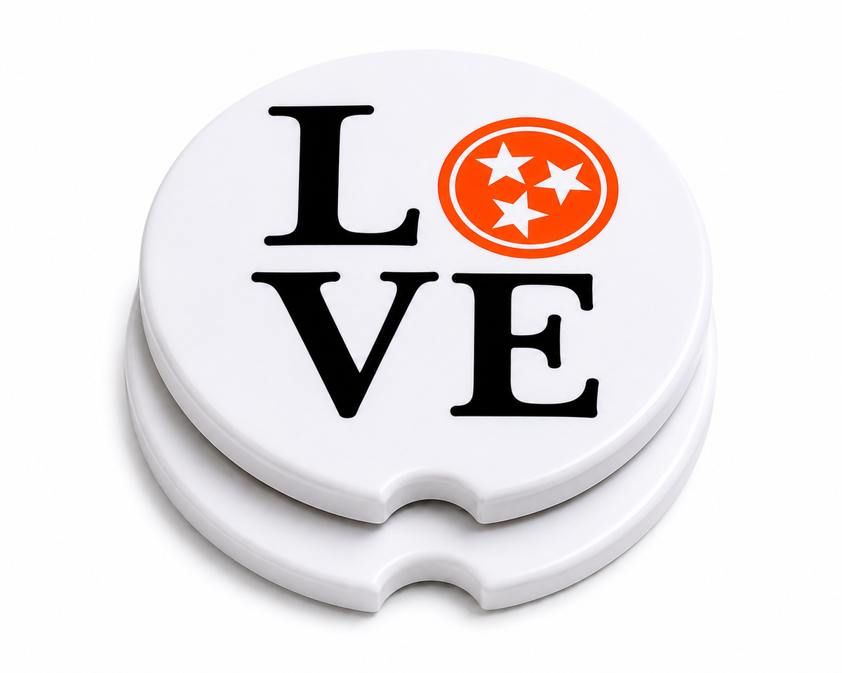Both Love Tennessee car coasters showing front design and cork backing
