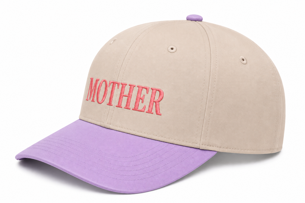Side view of Mother Baseball Cap showing khaki structured crown, lavender brim, and solid back, on a white background.

