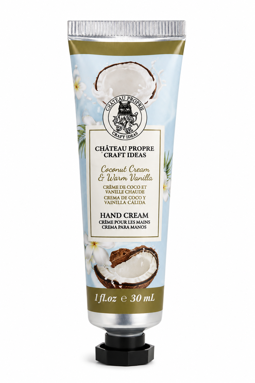 Château Propre Craft Ideas Coconut Cream & Warm Vanilla Hand Cream in a 30 mL squeeze tube, featuring a light blue and white design with coconut illustrations and a black flip-top cap.