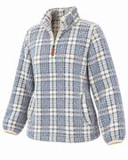 Angled front view of the blue and cream plaid pullover showing its quarter-zip neckline, long sleeves, and front pocket with side openings
