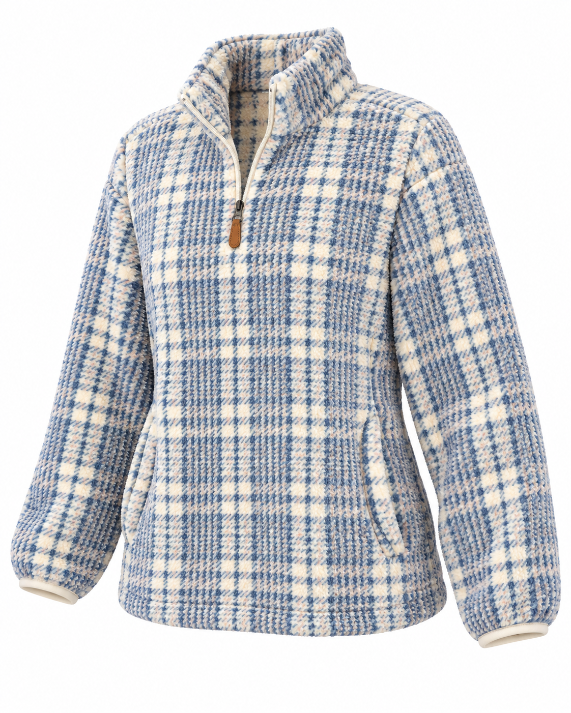 Angled front view of the blue and cream plaid pullover showing its quarter-zip neckline, long sleeves, and front pocket with side openings
