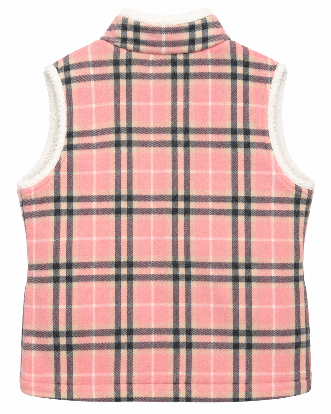 Back view of the pink, cream, and charcoal plaid vest with white fleece lining visible around the collar and armholes
