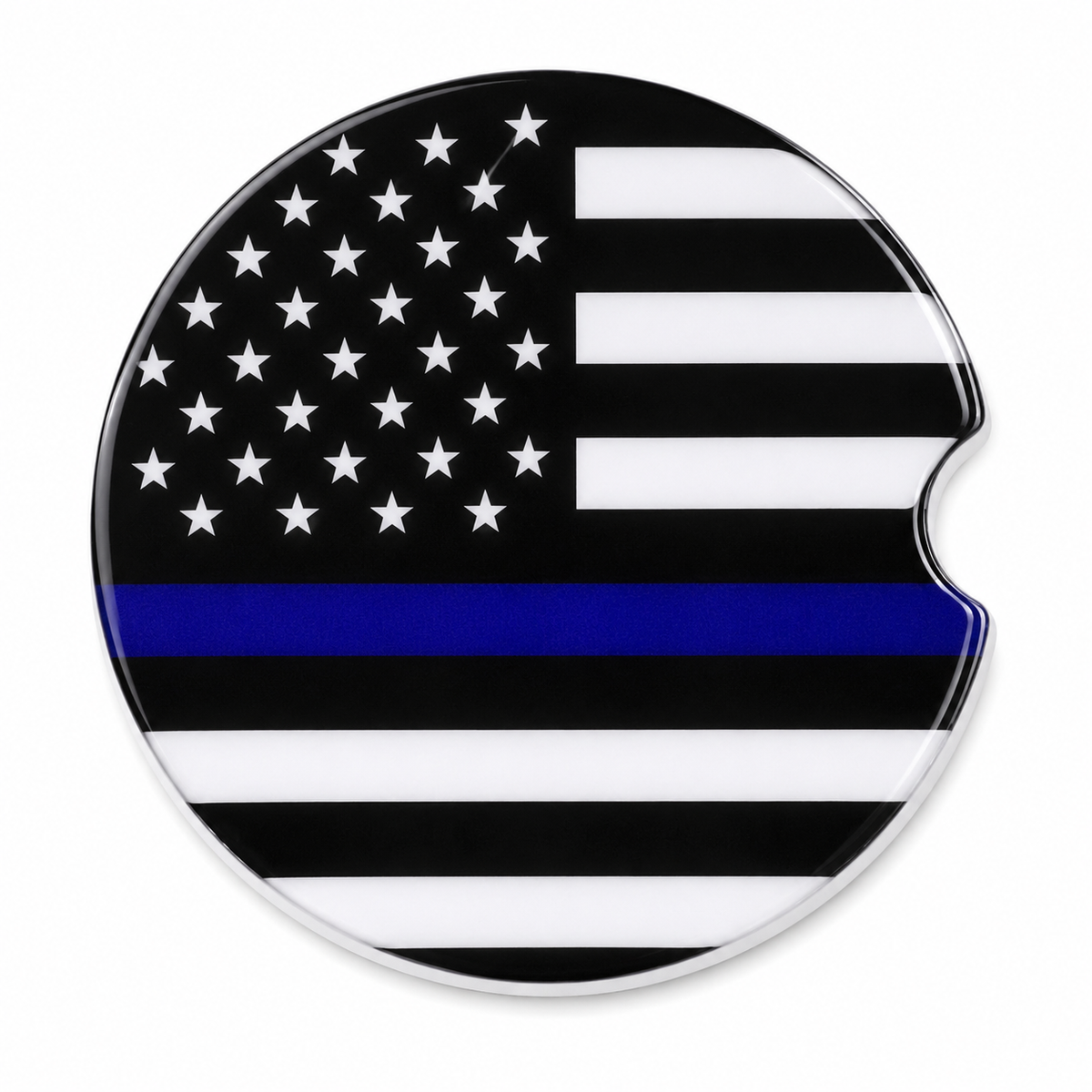 Close-up of Thin Blue Line ceramic car coaster with black and white American flag and single blue stripe honoring law enforcement on white background
