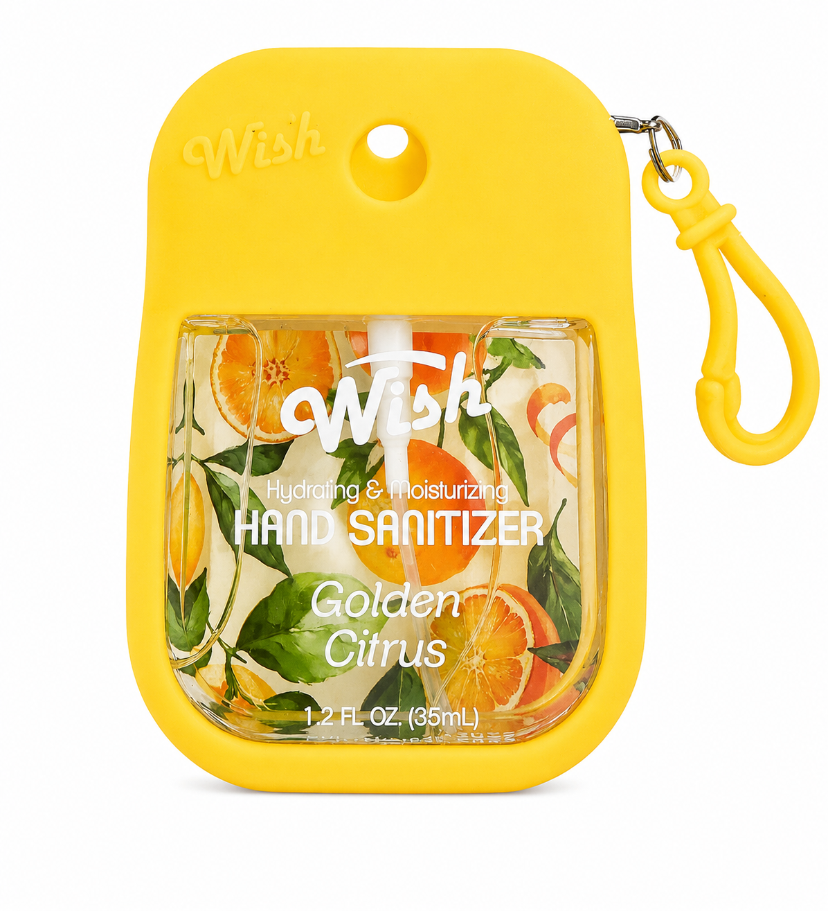 Wish brand Golden Citrus hand sanitizer in a bright yellow protective case with a matching carabiner clip, shown on a white background.