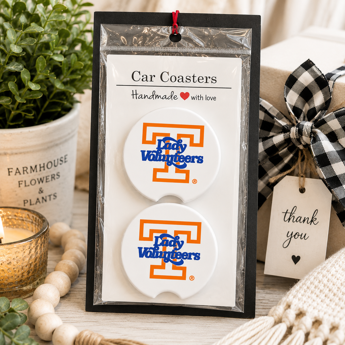 Tennessee Lady Vols Car Coaster Set in handmade packaging — gift-ready ceramic coasters with Lady Vols design, set of 2
