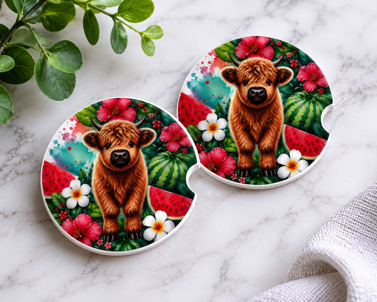 Highland Cow Watermelon Car Coaster Set — set of 2 ceramic coasters with fluffy Highland cow calf surrounded by watermelon slices, hibiscus, and plumeria flowers on marble background
