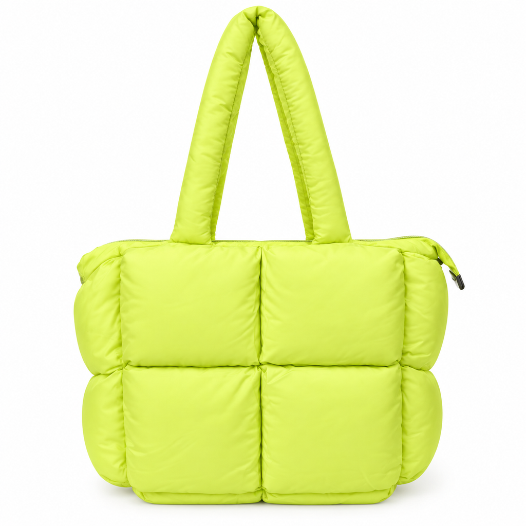 Lime Mini Puffer Tote Bag front view showing bright lime green puffer nylon with large 6-panel quilted squares, dual tubular puffer shoulder handles, and zippered top closure with dark zipper pull on white background
