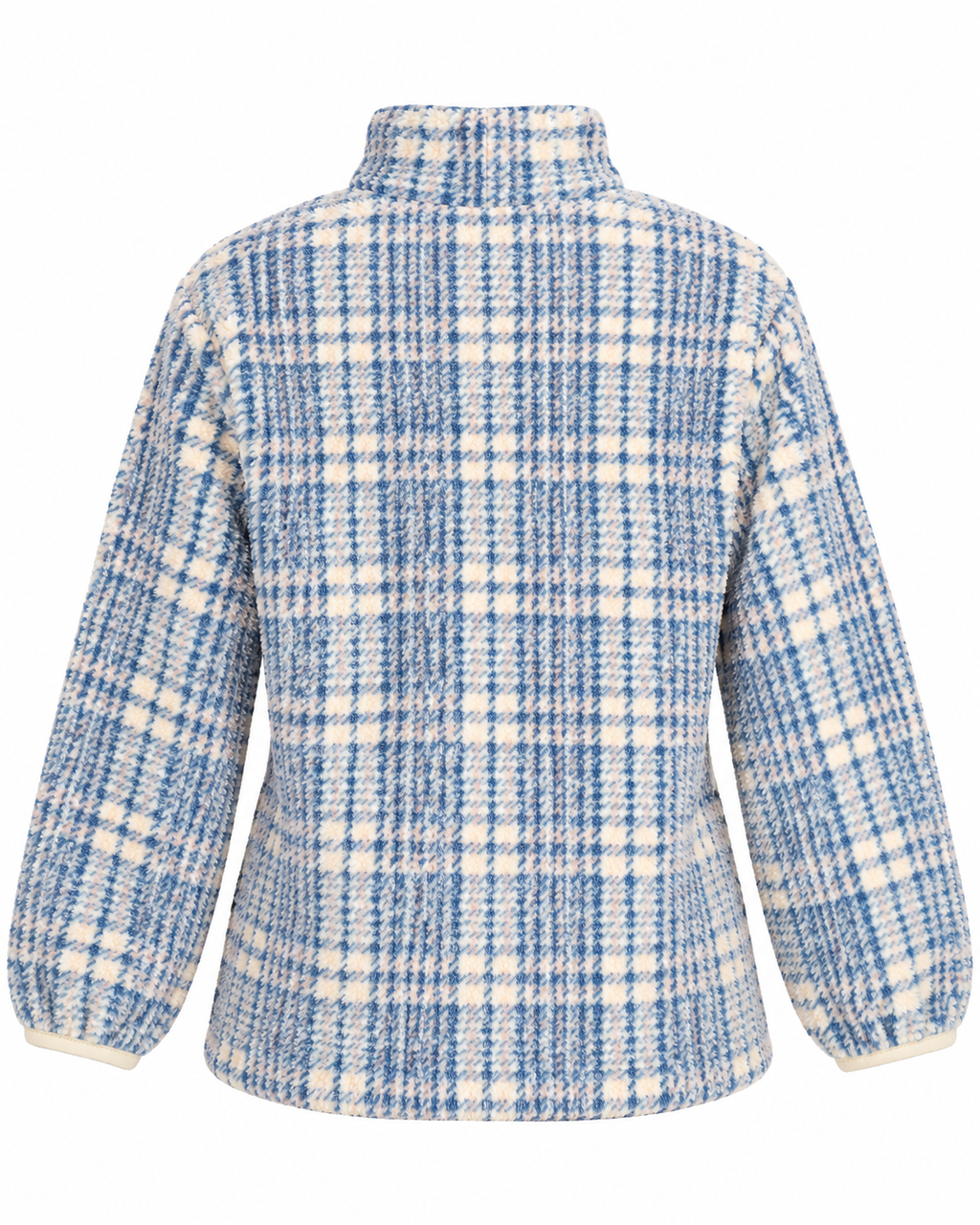 Back view of the blue and cream plaid fleece pullover showing the plaid pattern, stand collar, long sleeves, and cream cuff edging
