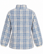 Back view of the blue and cream plaid fleece pullover showing the plaid pattern, stand collar, long sleeves, and cream cuff edging
